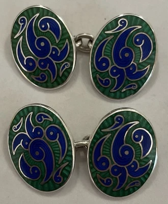Deakin & Francis Silver Blue Green Guilloche Enamel Cufflinks Hallmarked Nice - Image 1 of 4