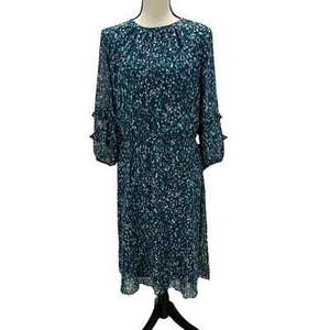 London Times Long Sheer Sleeve Abstract Print Midi Dress - Blue Teal - size 14P - Picture 1 of 9