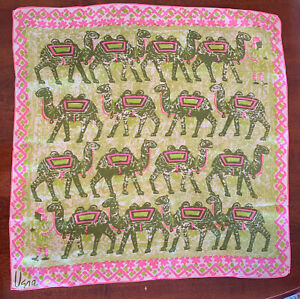 Vintage Vera Pink Green Hand Rolled Silk Blend Bactrian Camels 23"x23" Square