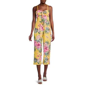 No Boundaries Juniors' Strapless Tie Front Jumpsuit Size S (3-5) New Yellow Pink - Picture 1 of 5