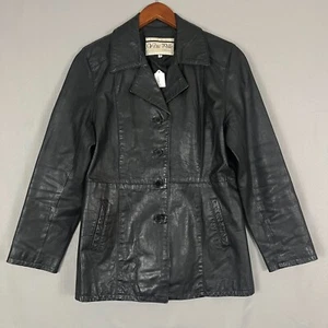 Vintage Vera Pelle Leather Jacket Women's 44 Black Lined Pockets Button Front - Picture 1 of 7