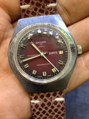 Sicura Vantage 不锈钢 Datejust 红色表盘手表,17J Day_date — 第 1/4 张图片