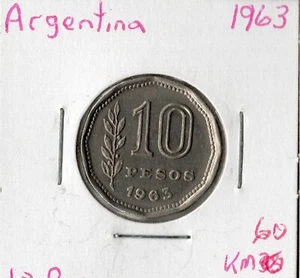 Coin Argentina 10 Pesos 1963 KM60 - Picture 1 of 2