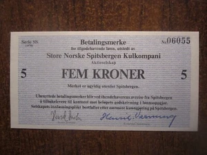 UNC 1978 SPITZBERGEN NORWAY STORE NORSKE KULKOMPANI 5 CORONAS - Imagen 1 de 2