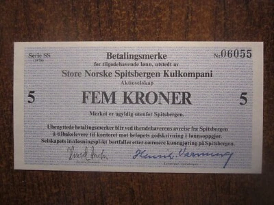 UNC 1978 SPITZBERGEN NORWAY STORE NORSKE KULKOMPANI 5 KRONER - Image 1 of 2