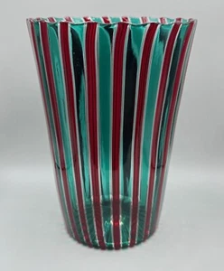 Jarrón de vidrio artístico de Murano Gio Ponti para Venini rojo y verde "A Canne" firmado - Imagen 1 de 9