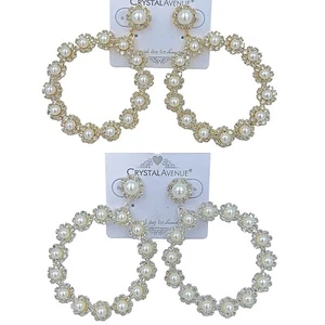 Pearl & Rhinestone Round Dangle 50mm Earrings in Silver or Gold (2x2.75in) - Picture 1 of 15