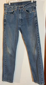 Levis 505 Men Worn Faded Hi Rise Straight Leg Blue Jeans Men 34x32 - Picture 1 of 6