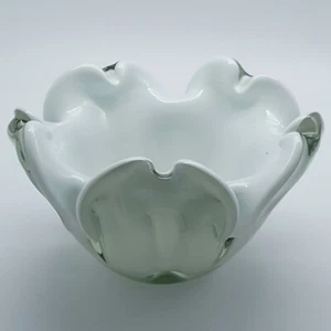 Vintage Italian Glass Bowl White And Pale Green Cased Free Form Handmade Venice - Picture 1 of 11