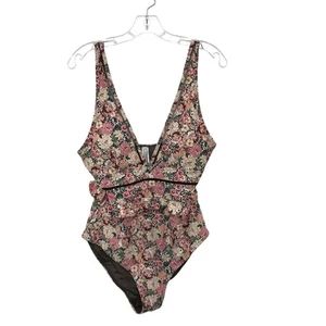 Sea Level Floral Print V Neck One Piece Swimsuit Size US 10 Ruffle Espresso - Picture 1 of 7
