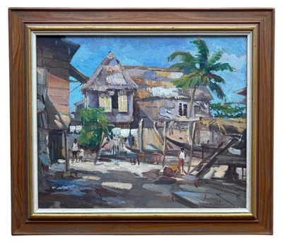 Оригинальная подписанная картина маслом филиппинский художник SOFRONIO MENDOZA SYM 1968 В СПИСКЕ - Изображение 1 из 4