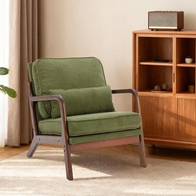 Linen Fabric Comfy Chair Mid Century Accent Chair Lumbar Pillow Lounge Arm Chair - Image 1 of 4