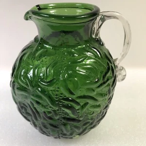 Green Glass Syrup Pitcher Applied Clear Handle Emerald Vintage Textured Creamer - Picture 1 of 5