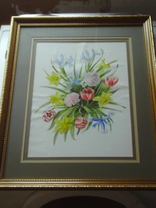 Vintage 1975 Framed watercolour painting of Daffodils, Tulips, Iris Flowers etc - Picture 1 of 20