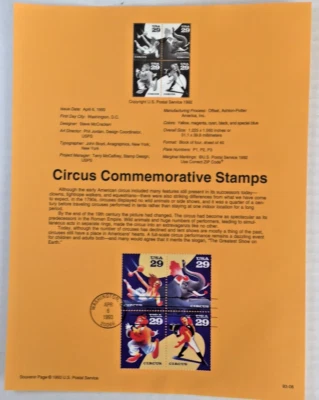 1993 USPS Souvenir Page 29¢ AMERICAN CIRCUS #93-08 Scott #2750 - 53 - Image 1 of 2