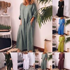 Elegant Women's Cotton Linen Long Sleeve Maxi Dress Solid Color Kaftan Style