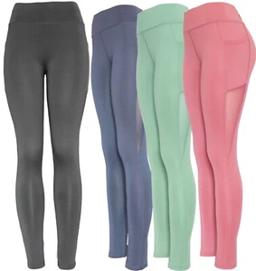Womens Solid Mesh Workout Leggings with Pockets High Waist Yoga Pants - Picture 1 of 19