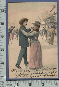 E112 Eislaufpaar Postkarte Wermer Olsson Foldskolegatan Harstades Schweden - Bild 1 von 2