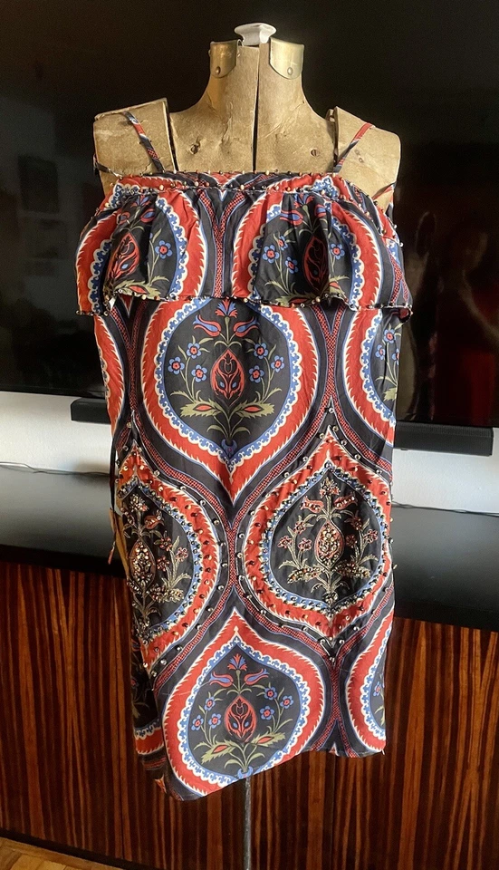 Raro Juicy Couture Cristal, Cuentas Azul Marino Multicolor Seda Vestido y Chaqueta. Paisley S/XS Foto 1 de 4