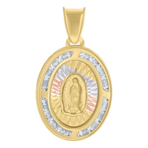 10kt Tri-Color Gold Womens CZ Oval Medallion Guadalupe Religious Charm Pendant - Picture 1 of 1