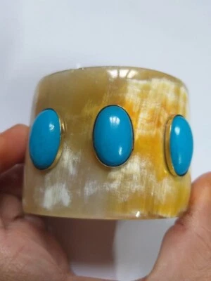 Brazalete de cuerno de búfalo natural con brazalete de cuerno turquesa joyería bohemia Foto 1 de 4