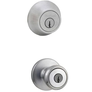 Paquete combinado de perilla de entrada y cerrojo de un solo cilindro Kwikset Tylo cromado satinado. - Imagen 1 de 7