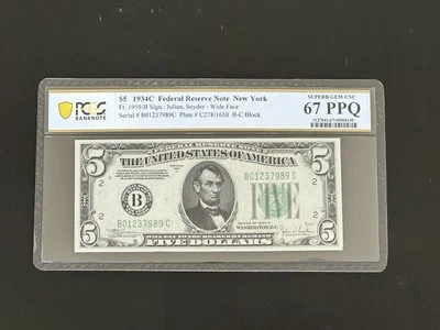 1934 Fed Reserve Note New York $5 Five Dollar Bill PCGS 67 Superb Green Seal PPQ - Image 1 of 4