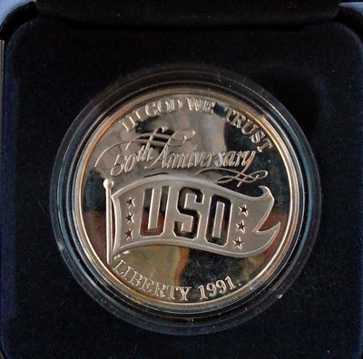 1991 USO Silver Dollar Proof 50th Anniversary Commemorative Coin - Image 1 of 2