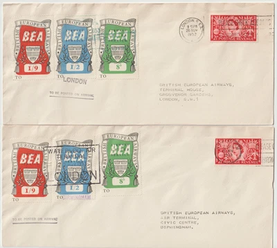 1953 2 x B E A FLIGHT COVERS BIRMINGHAM & LONDON EACH WITH 3 B E A LABELS 26 NOV - Image 1 of 2