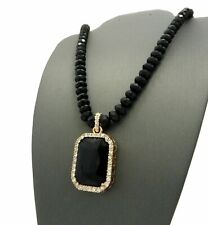 Unisex Bling Iced Black Gemstone Pendant & 8mm 24" Bead Chain Hip Hop Necklace
