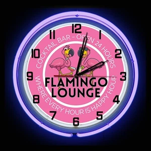 19" Pink Flamingo Lounge Sign Purple Double Neon Clock Man Cave Garage Shop Bar - Picture 1 of 2
