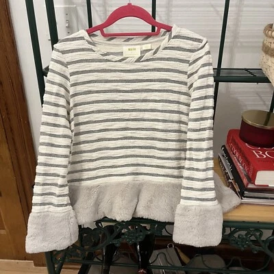 Anthropologie Maeve Sweater Grey White Stripes Size Small Furred Sleeves And Hem - Image 1 of 4