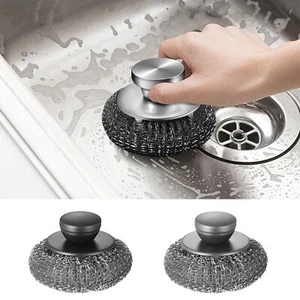 1pc Stainless Steel Kitchen Metal Scrub Sponge Pot Pan Scrubber Pad with Handle - Picture 1 of 14