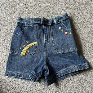 Vintage Y2K Care Bears Rainbow Embroidered Belted Denim Jean Shorts Girls 5 - Picture 1 of 4