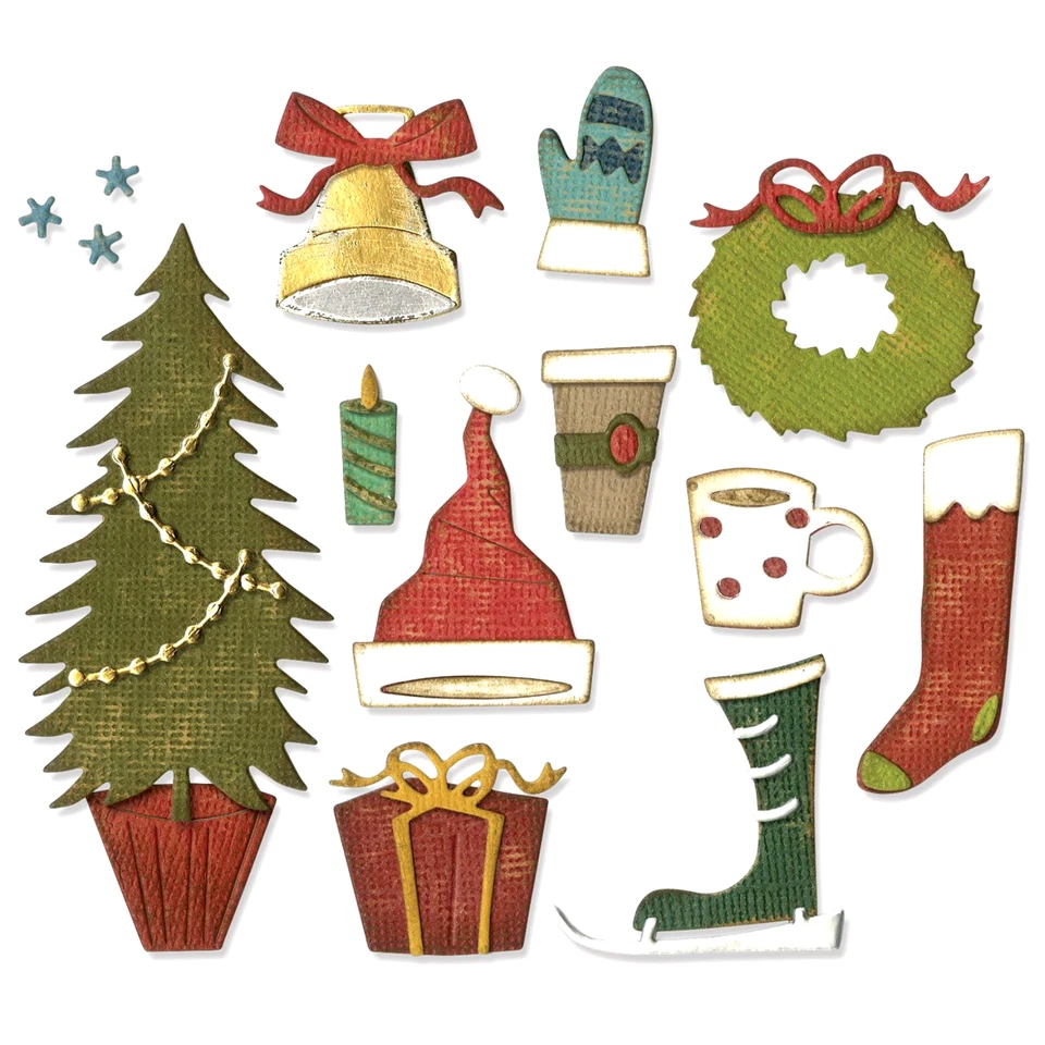 Tim Holtz Christmas Dies - Festive Things, Wreath, Tree, Stocking, Bell, 664191 - Image 1 of 4