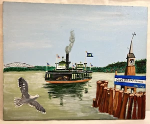 Original 1992 Quesnell amateur oil painting on canvas of Newburgh (NY) ferry - Picture 1 of 10