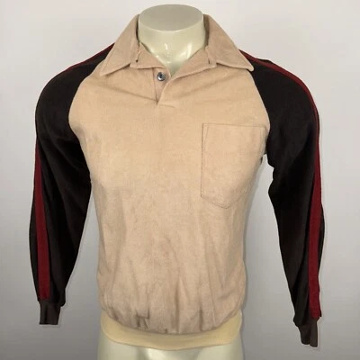 复古 60 年代 70 年代丝绒衬衫时髦迪斯科嬉皮溜冰冲浪条纹美国男式中号 — 第 1/4 张图片