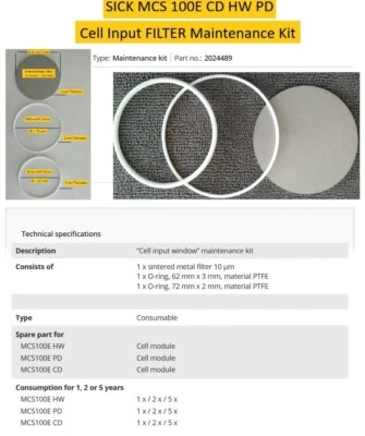 SICK MCS 100E CD HW PD - KIT -10 Micron SS Filter - Sintered Metal + PTFE Orings