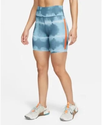 NIKE ONE LUXE DRI FIT 7” MUJER ESTAMPADO ENTRENAMIENTO TIRO MEDIO PANTALONES CORTOS AZUL #DO7814-NUEVO CON ETIQUETAS Foto 1 de 4