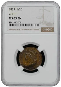 1833 Half Cent C-1 NGC MS63 BN - Picture 1 of 2