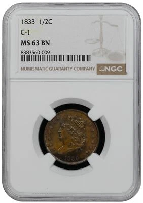 1833 Half Cent C-1 NGC MS63 BN - Image 1 of 2