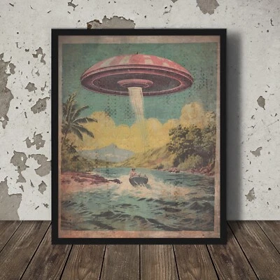 Vintage UFO NAUTICAL Wall Art, Sci-fi Alien Ocean Decor, Sea Cryptid UAP Poster - Image 1 of 4