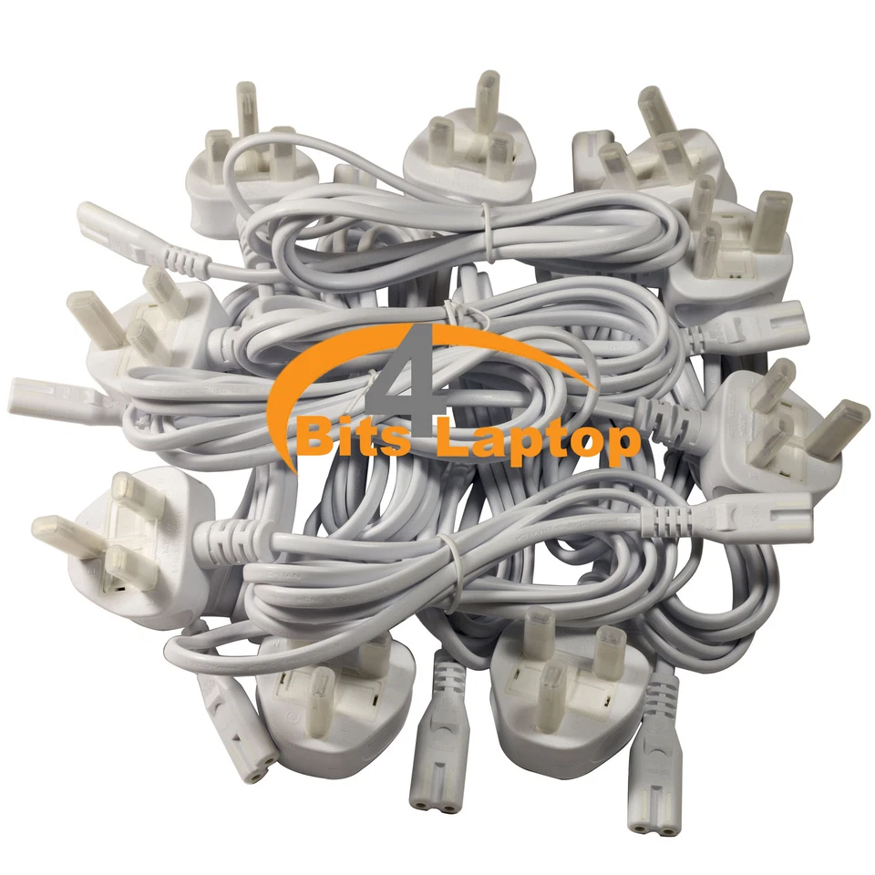 Bulk LOT 100 New 1.8m C7 Figure 8 Fig8 UK 2Pin Laptop TV Mains Power Cable White - Image 1 of 1