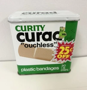 Vintage Curad Ouchless Metal Tin Box 30-1" Transparent Bandages Curity Colgate - Picture 1 of 4