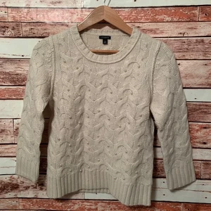 Ann Taylor Damen Pullover Elfenbein Zopfmuster mit Perlen. Größe M.. - Bild 1 von 5