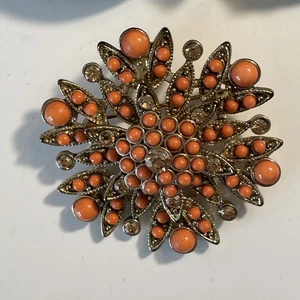 Vintage Koralle Perlen Topas Strass goldfarben Blume Brosche/Anhänger - Bild 1 von 11