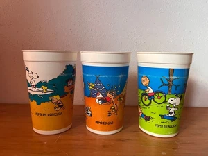 Vintage mexikanische Pepsi Cola Promo SNOOPY CHARLIE BROWN PEANUTS 3 Kunststoff Glas 80er - Bild 1 von 10