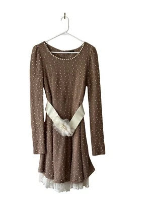 Y2K RYU Women's Knit Lace Tulle Pearls  Belted Anthropologie Dress Coquette Sz L - Image 1 of 4