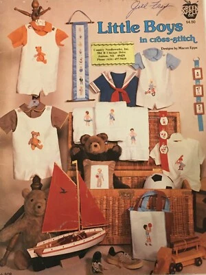 Little Boys in Cross Stitch Pattern Book Sports Themes Bear Baseball Basketball - Image 1 of 4