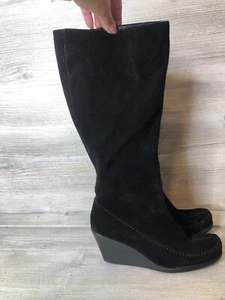 Aerosoles Gather Round Tall Wedge Boots Size 9.5B Black Suede Leather Knee High - Picture 1 of 12